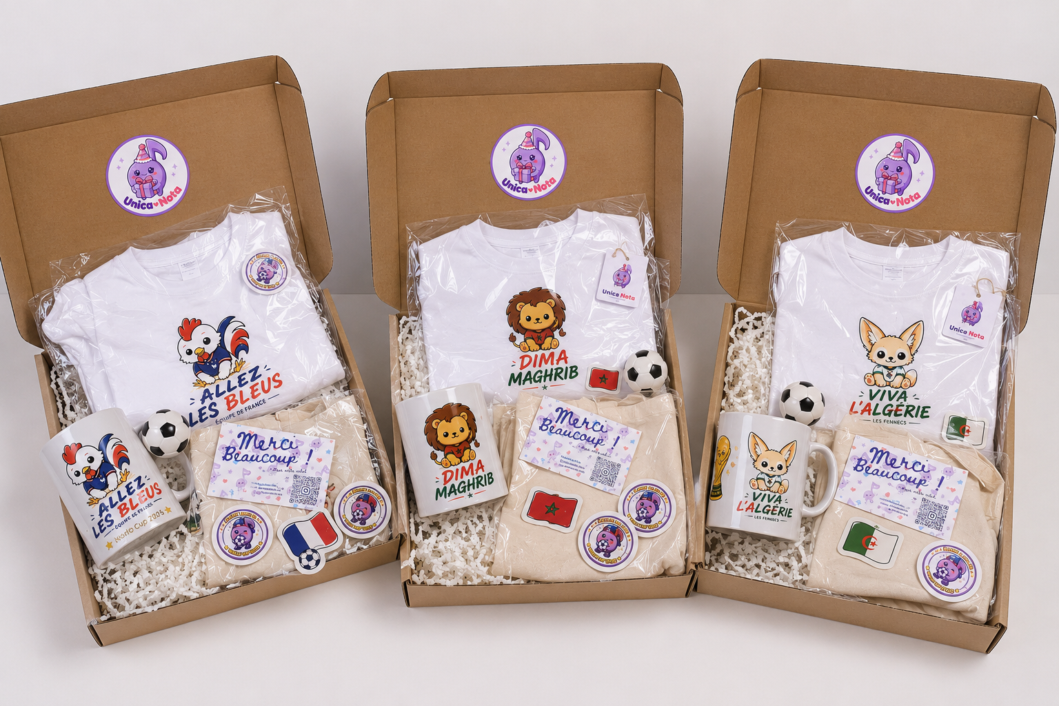 "Trois coffrets cadeaux supporters Unica Nota pour la France, le Maroc et l'Algérie avec mascottes Coq, Lion et Fennec Kawaii."