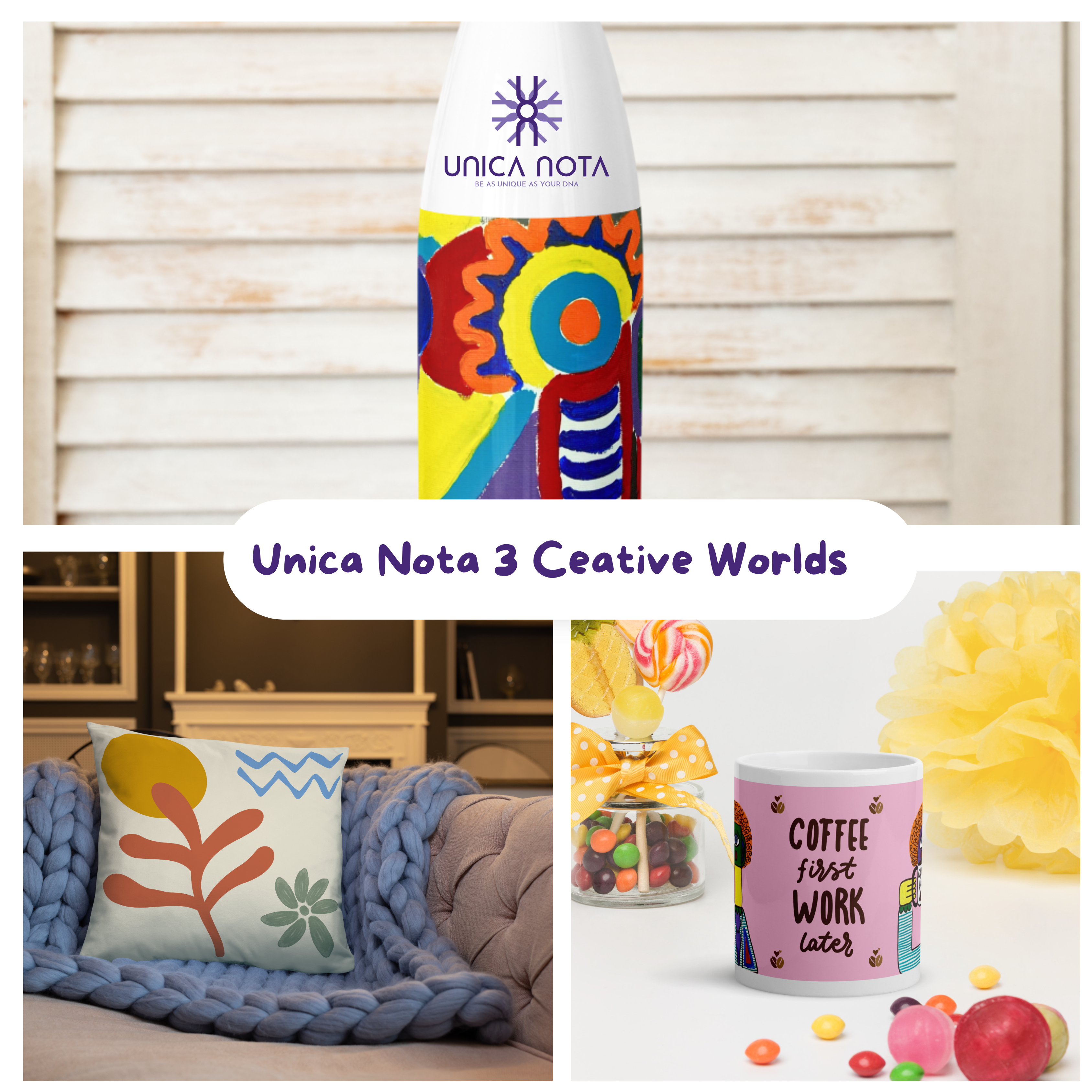 Image illustrant les trois univers créatifs d’Unica Nota avec le texte "Unica Nota – Three Ways to Create", mettant en valeur les styles : peinture à la main, design hybride, et création digitale.