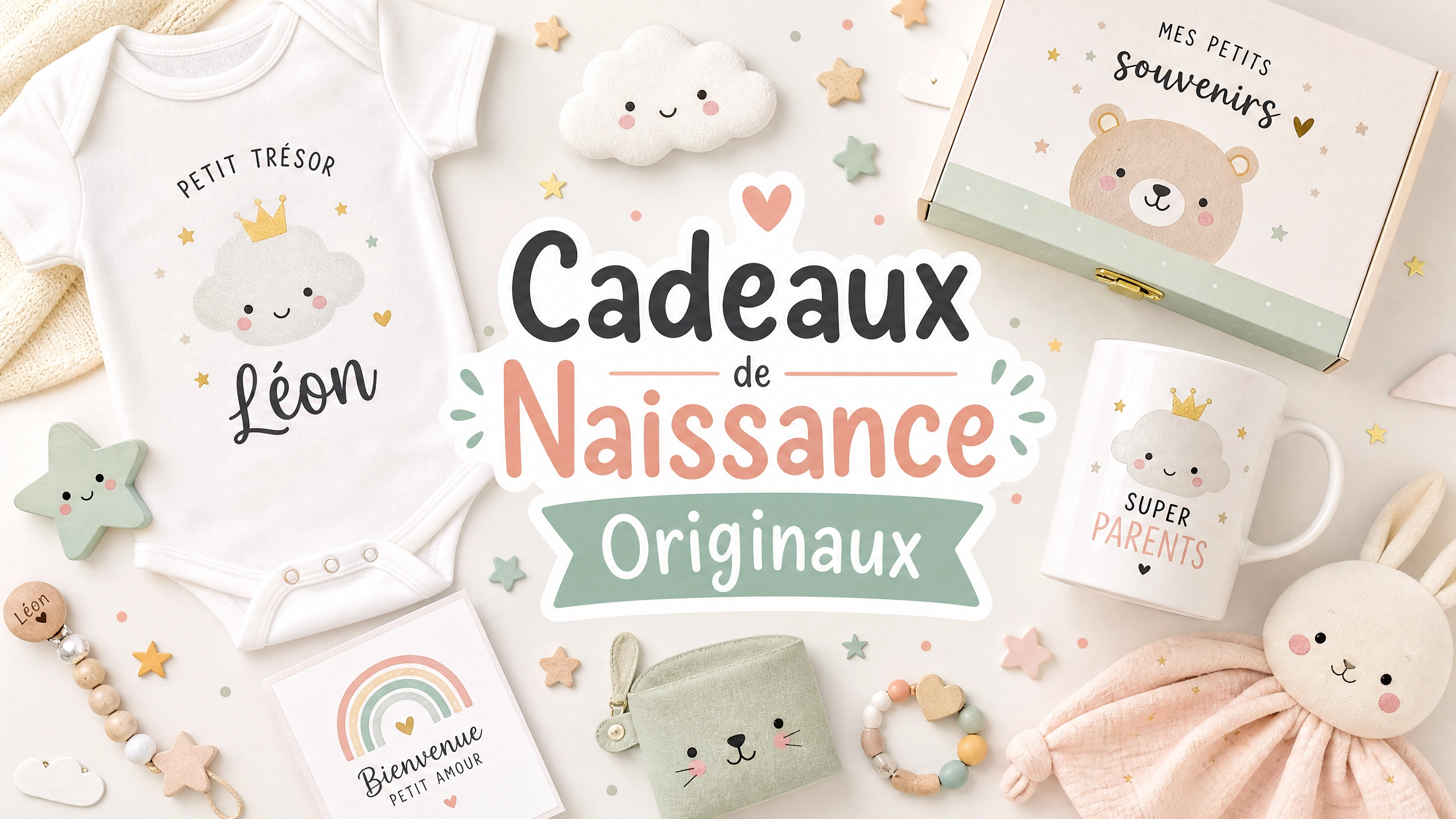 Sélection de cadeaux de naissance originaux Unica Nota : coffret personnalisé, mug papa et accessoires bébé style Kawaii sur fond clair.