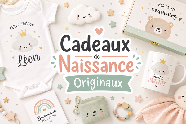 Sélection de cadeaux de naissance originaux Unica Nota : coffret personnalisé, mug papa et accessoires bébé style Kawaii sur fond clair.