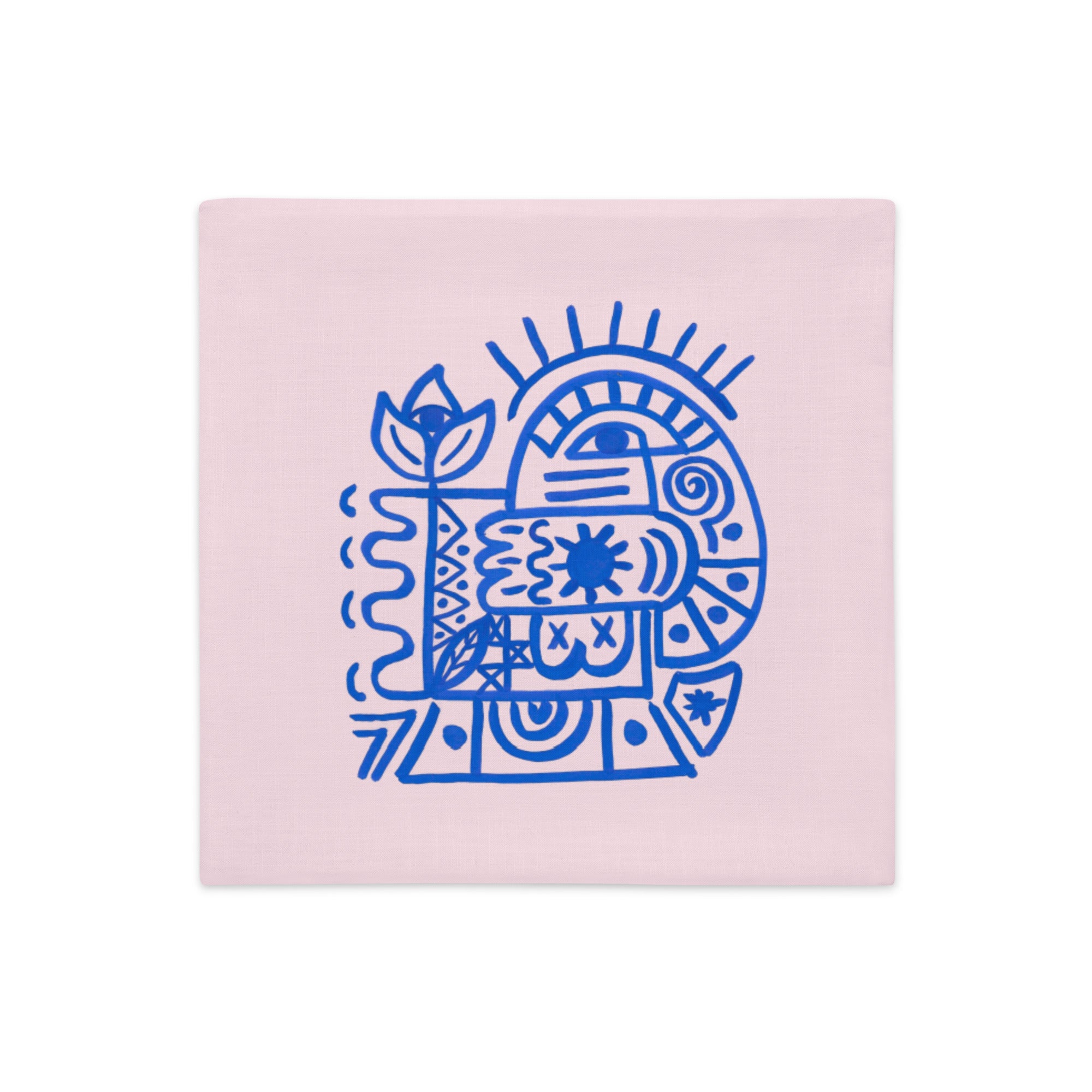 Esprit Paisible – Art abstrait bleu sur fond rose poudré signée Unica Nota (Housse de coussin 18*18)