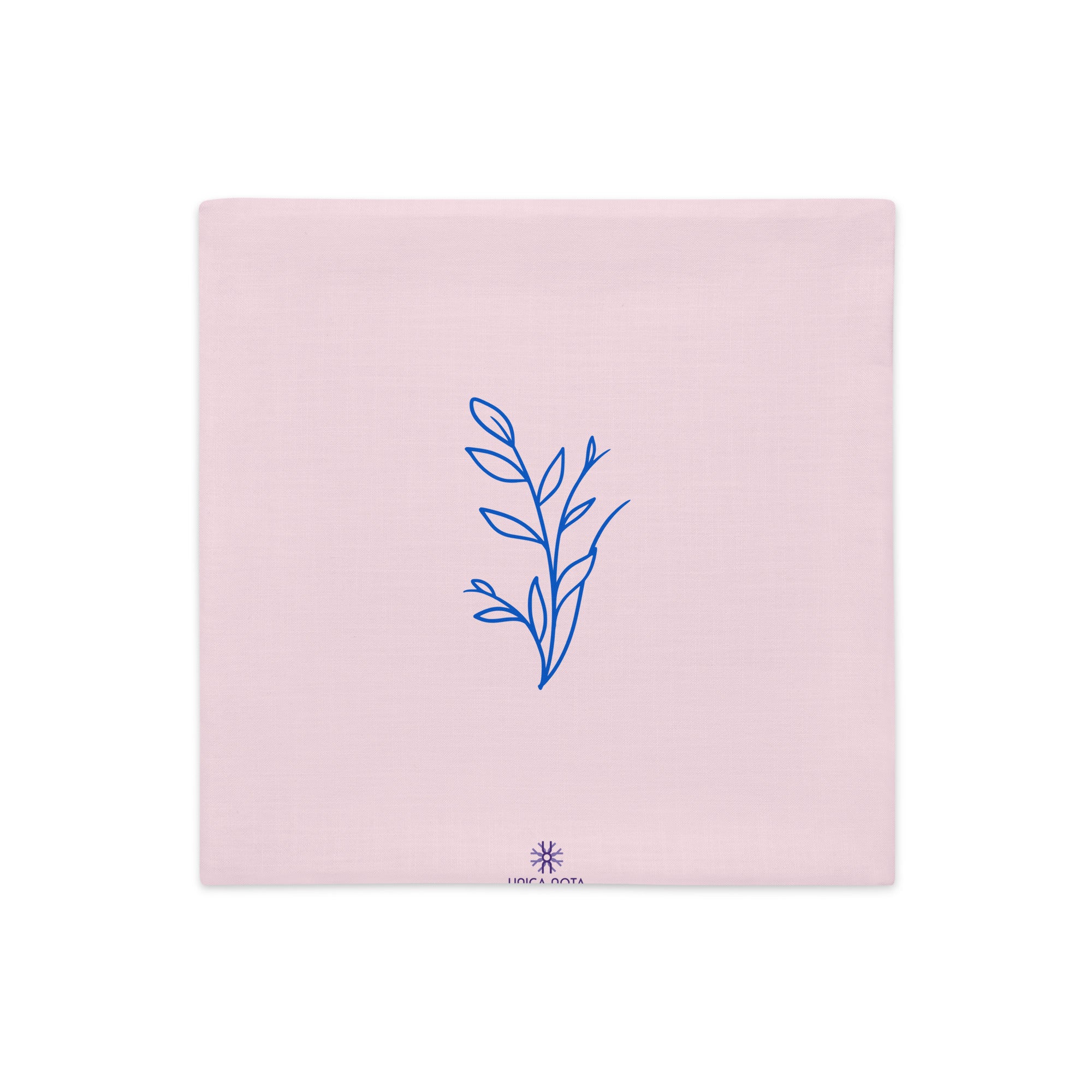 Esprit Paisible – Art abstrait bleu sur fond rose poudré signée Unica Nota (Dos de la housse de coussin)