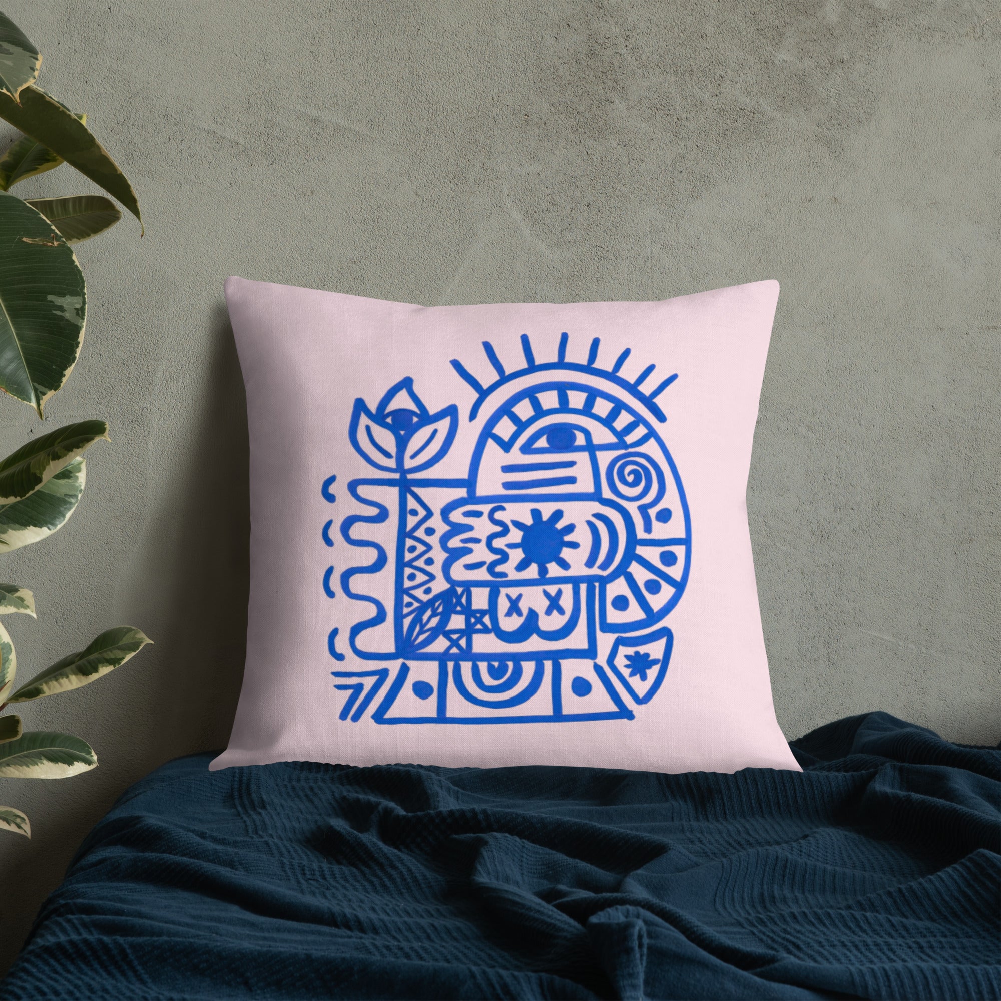 Esprit Paisible – Art abstrait bleu sur fond rose poudré signée Unica Nota (Housse de coussin premium)