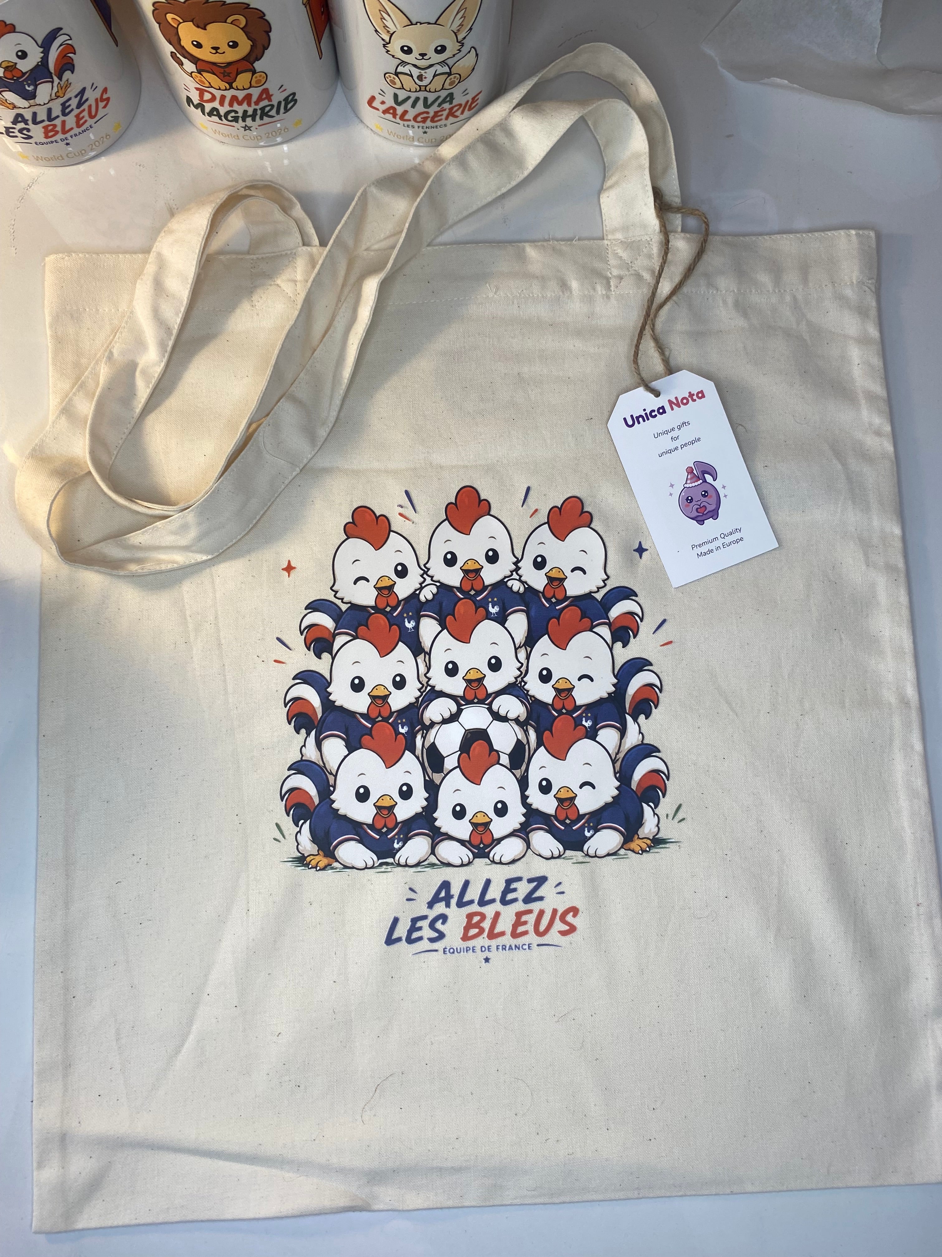 Tote-Bag Coq Kawaii "ALLEZ LES BLEUS" –Sac Coton Bio Supporter France Coupe du Monde