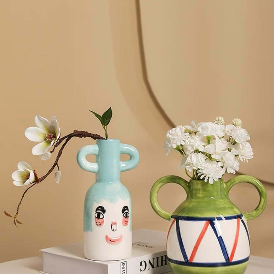 Hand-painted Whimsical Quirky Cute Dual-handle Vases-1