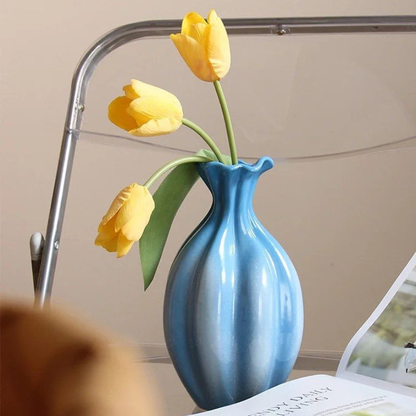 Handcrafted French Style Gradient Blue Ceramic Vase - Unique Flower Vessels-3