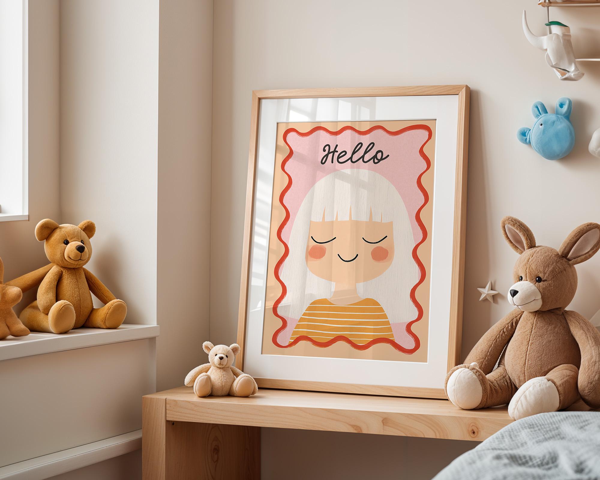Affiche chambre fille· Poster enfant "Hello" · Portrait joyeux aux cheveux blancs · Couleurs douces pastel · Décoration murale sans cadre
