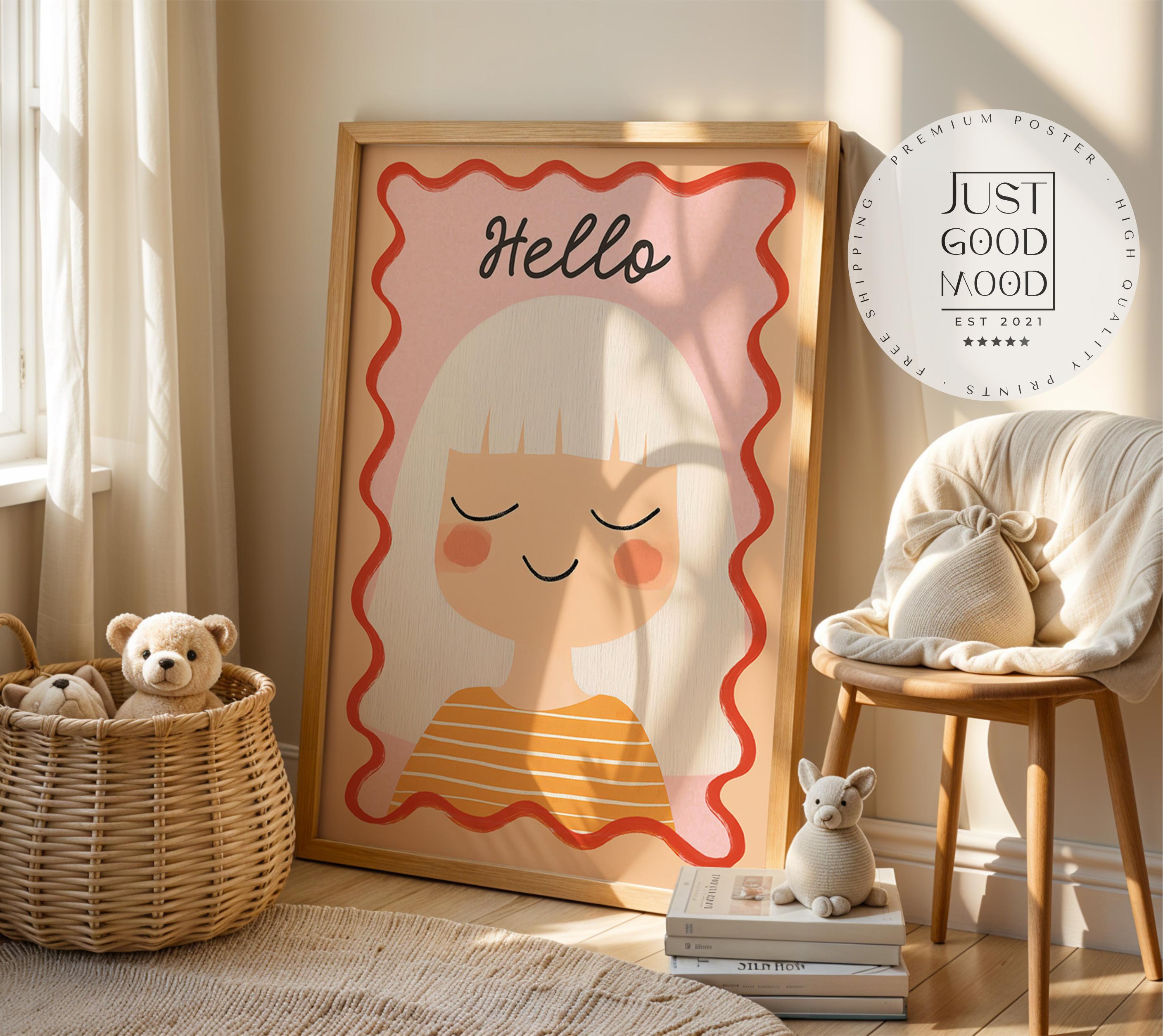 Affiche chambre fille· Poster enfant "Hello" · Portrait joyeux aux cheveux blancs · Couleurs douces pastel · Décoration murale sans cadre