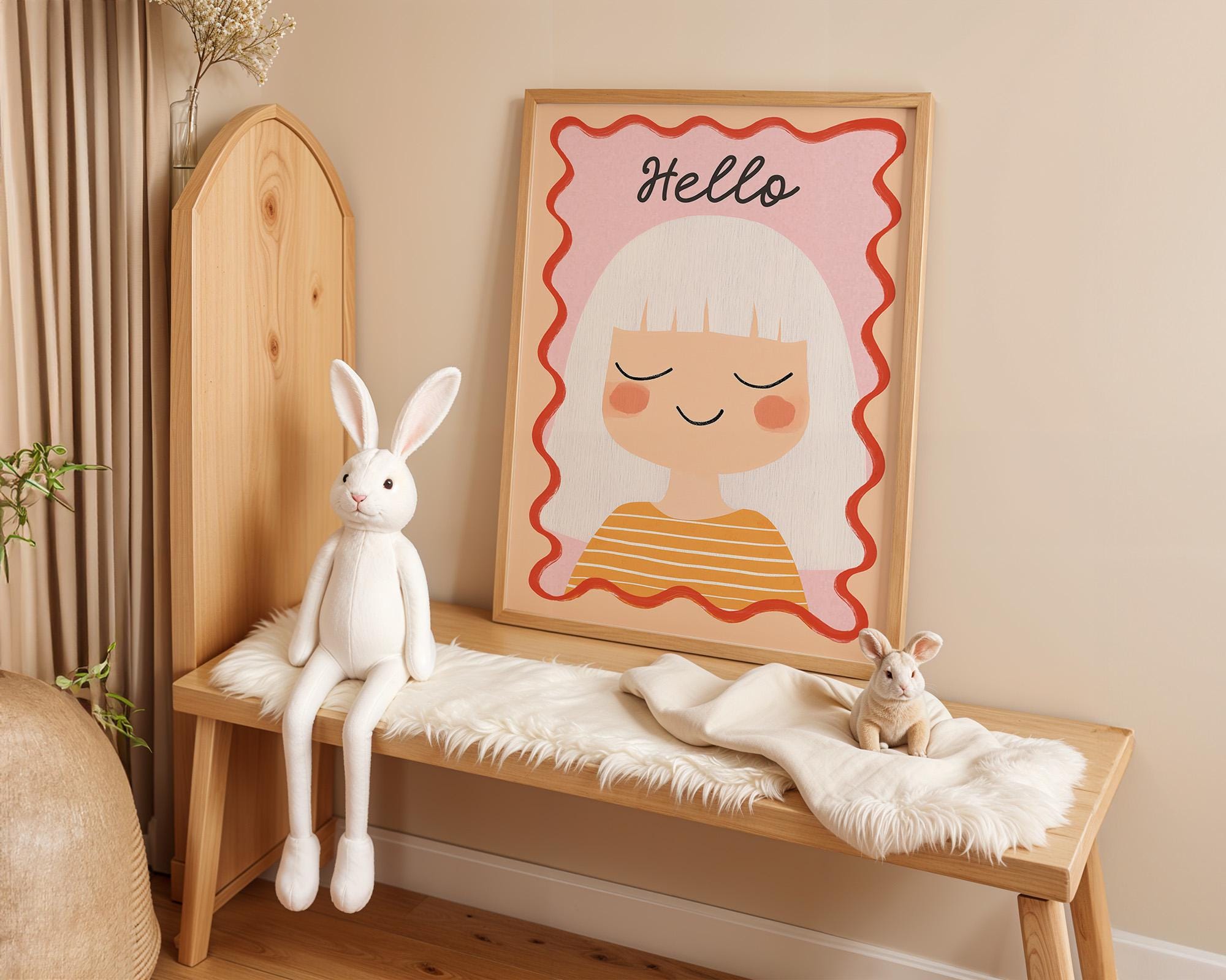 Affiche chambre fille· Poster enfant "Hello" · Portrait joyeux aux cheveux blancs · Couleurs douces pastel · Décoration murale sans cadre