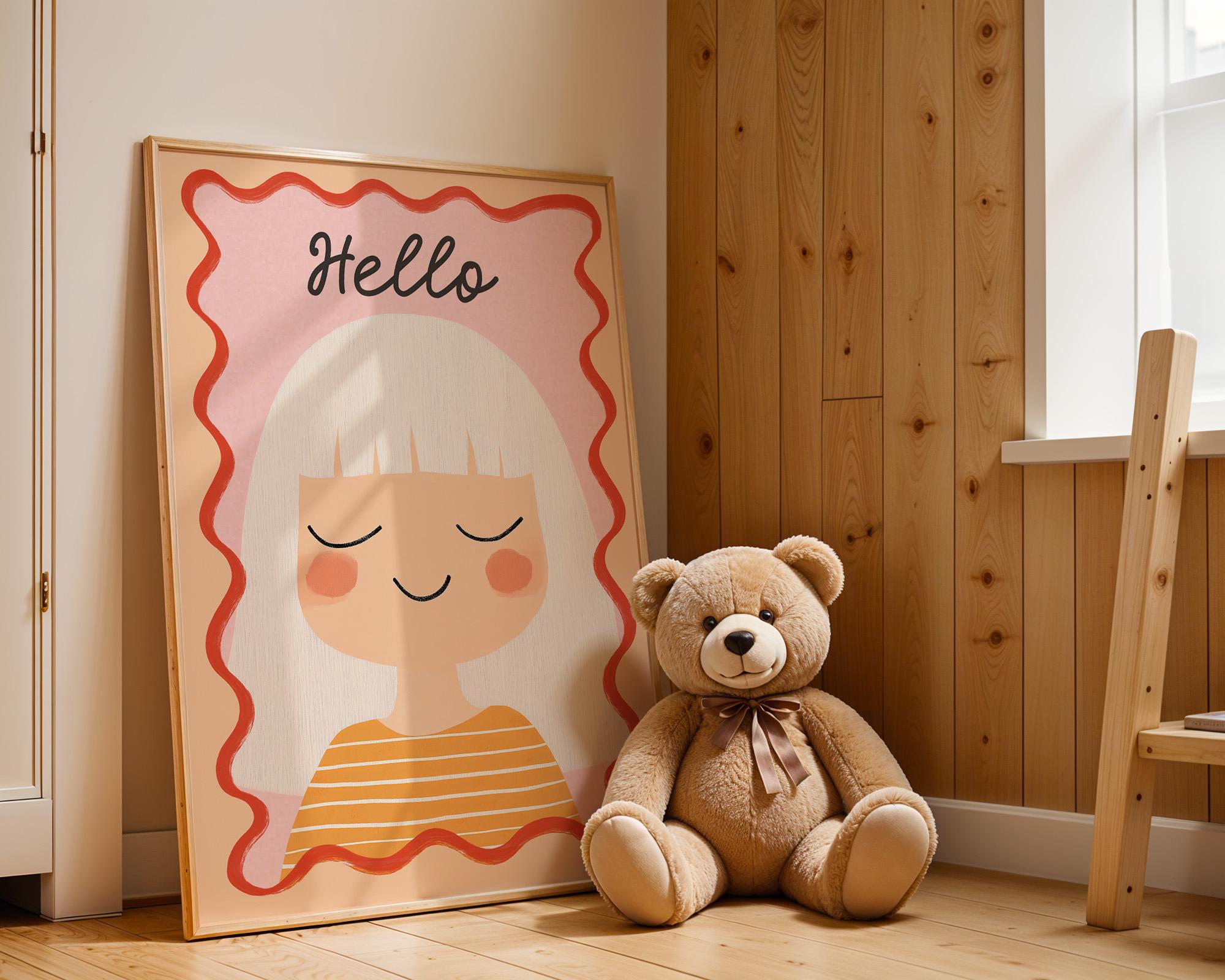 Affiche chambre fille· Poster enfant "Hello" · Portrait joyeux aux cheveux blancs · Couleurs douces pastel · Décoration murale sans cadre
