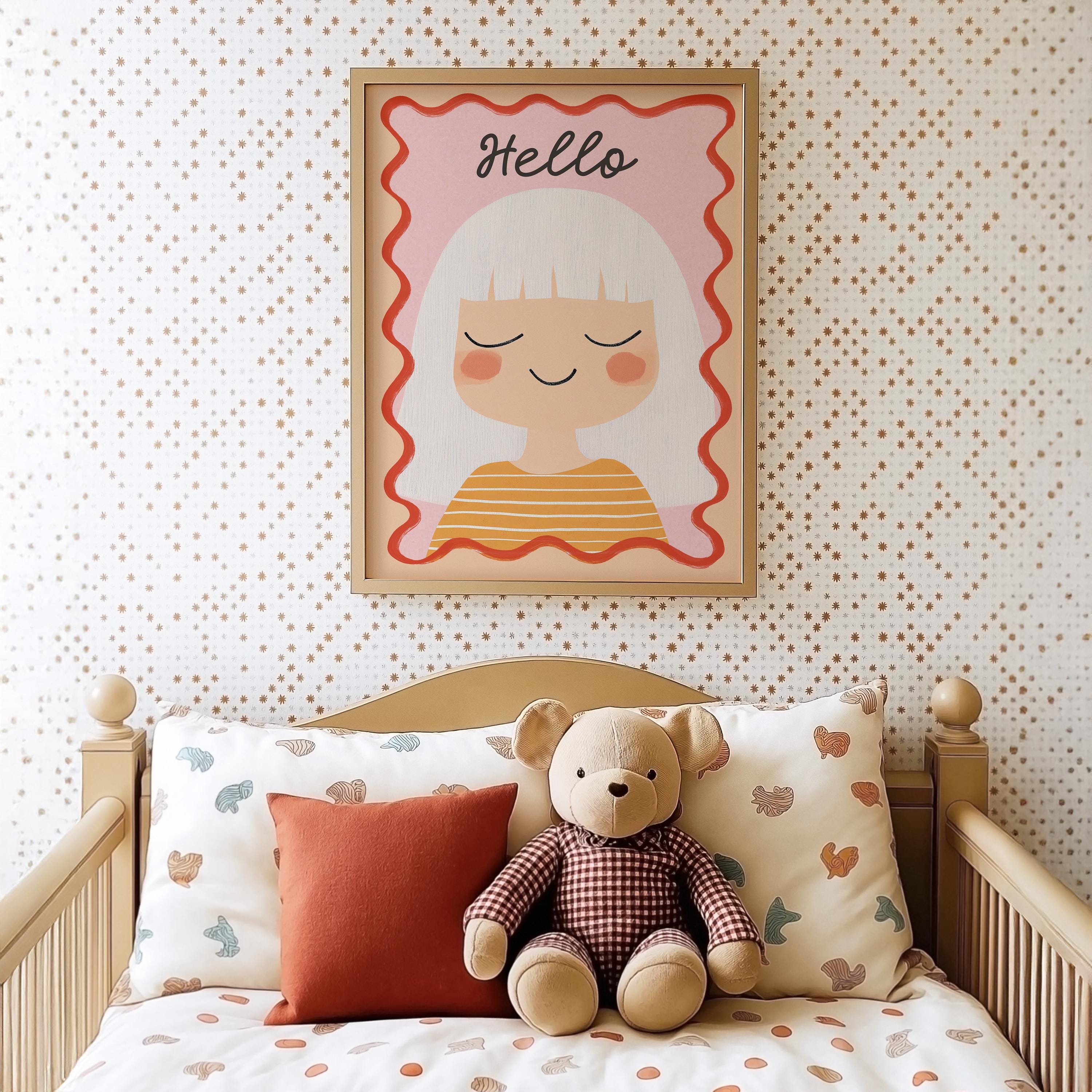 Affiche chambre fille· Poster enfant "Hello" · Portrait joyeux aux cheveux blancs · Couleurs douces pastel · Décoration murale sans cadre